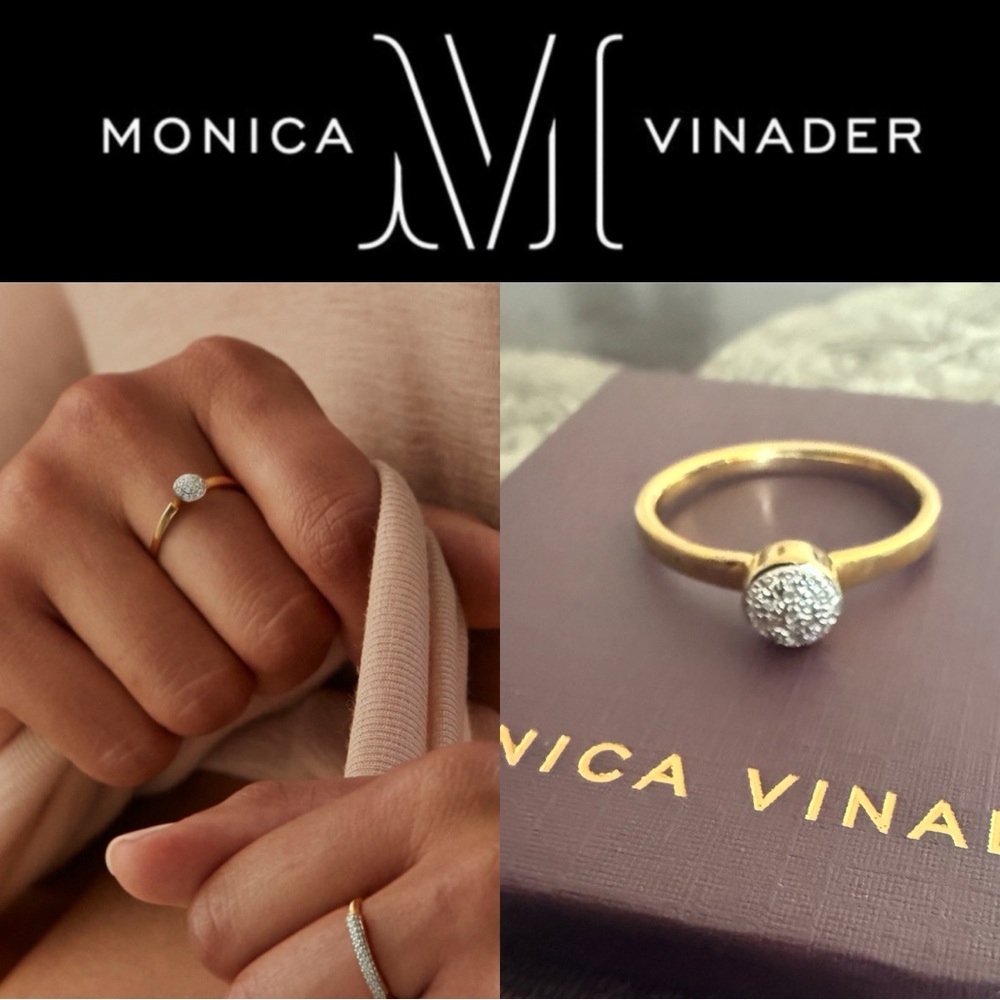 Monica Vinader Fiji Button Gold and Pavé Diamond Ring, Sz 8/Q